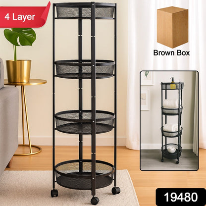 4-Layer Round Metal Folding Storage Trolley with Mesh Baskets and Wheels – Multi-Purpose Organizer Rack (1 Pc)
