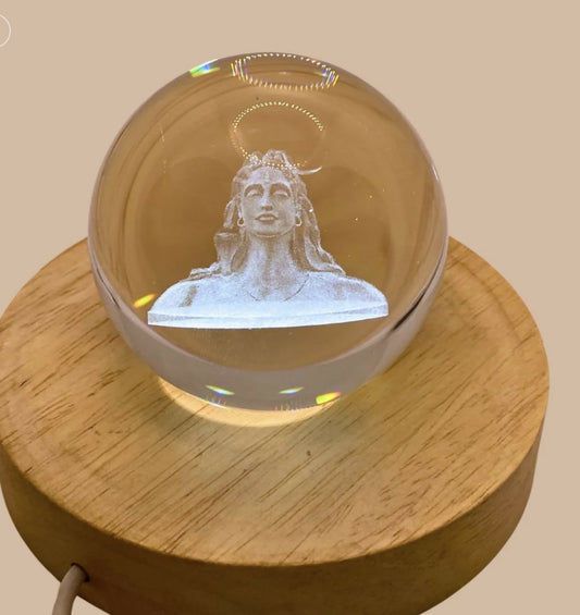 3D Crystal Glass Shiva Sculpture LED Night Lamp with Wooden Base